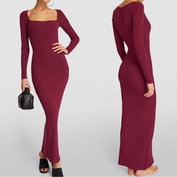 Skims Soft Lounge Maroon Red Ribbed Maxi Dress Size L - Picture 1 of 5